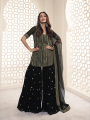 Malaika Arora Black Floral Zari Sequines Embroidered Kurta Set - Inddus.com