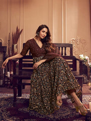 Malaika Arora Floral Printed V-Neck Thread and Sequins Embroidered A-Line Kurta Set With Dupatta - Inddus.com