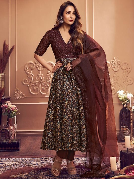 Malaika Arora Floral Printed V-Neck Thread and Sequins Embroidered A-Line Kurta Set With Dupatta - Inddus.com