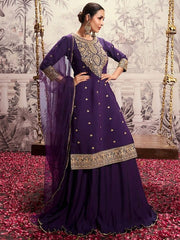 Malaika Arora Floral Yoke Design Round Neck Sequins Chanderi Cotton Kurta Set With Dupatta - Inddus.com