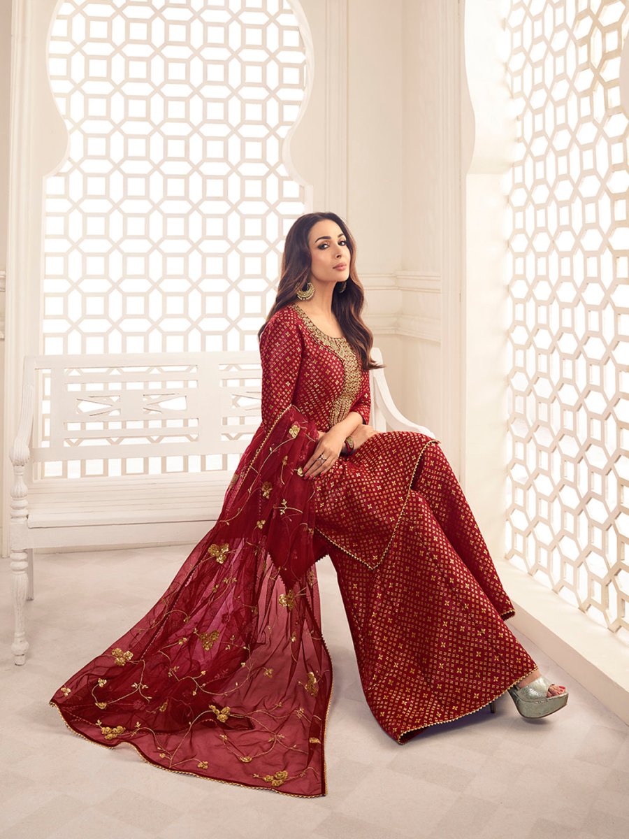 Malaika Arora Maroon Zari Woven Yoke Design Embroidered Stright Kurta Set - Inddus.com