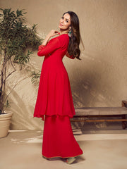 Malaika Arora Red Zari Embroidered Flared Kurta with Sharara - Inddus.com