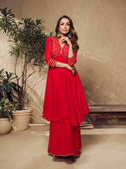 Malaika Arora Red Zari Embroidered Flared Kurta with Sharara - Inddus.com