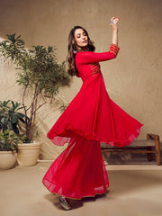 Malaika Arora Red Zari Embroidered Flared Kurta with Sharara - Inddus.com