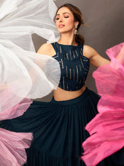 Malaika Arora Stylish Navy Blue Embellished Top with Solid Skirt - Inddus.com