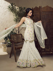 Malaika Arora White Floral Multi Thread and Sequines Embroidered Kurta Set - Inddus.com