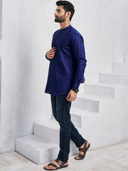 Mandarin Collar Roll Up Sleeves Straight Short Kurta - Inddus.com