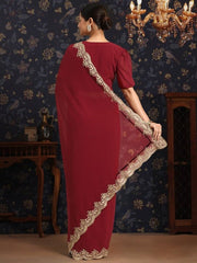 Maroon and gold-toned Embroidered Saree - Inddus.com