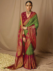 Maroon And Green Soft Silk Woven Design Saree - Inddus.com