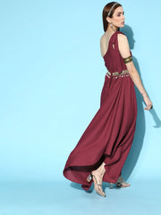 Maroon Asymmetric Gown with Mirror Embellished Belt - Inddus.com