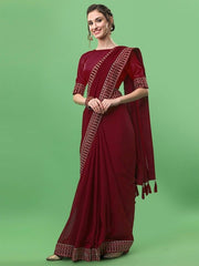 Maroon & Beige Embroidered Silk Blend Saree - Inddus.com