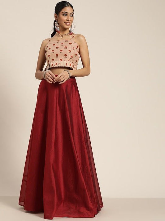 Maroon & Beige Printed Ready to Wear Lehenga with Blouse - Inddus.com