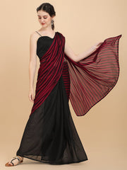 Maroon & Black Striped Silk Blend Saree - Inddus.com