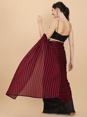 Maroon & Black Striped Silk Blend Saree - Inddus.com