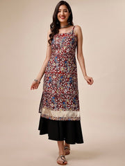 Maroon & Blue Ethnic Motifs Printed Shoulder Straps Kurta - Inddus.com