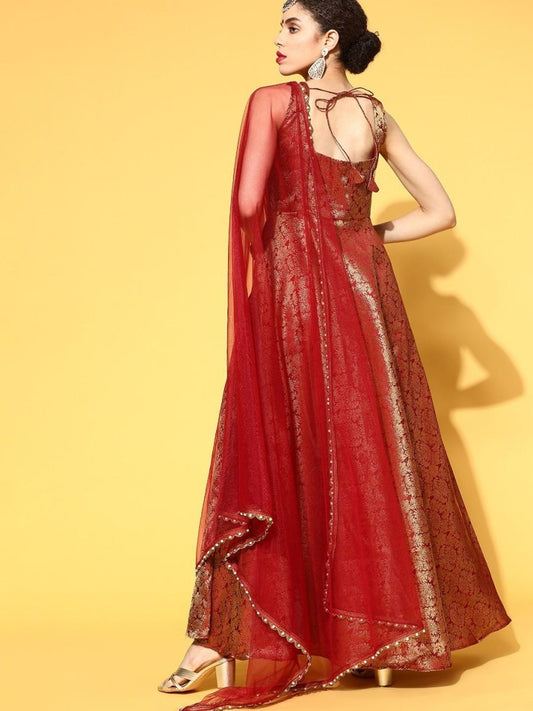 Maroon Brocade Anarkali Kurta with Dupatta - Inddus.com