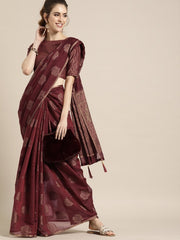 Maroon Cotton Blend Woven Design Party Wear Traditional Saree - inddus-us