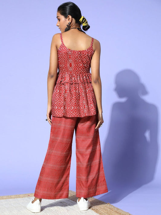 Maroon Cotton Ethnic Printed Co-Ords - Inddus.com