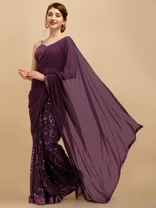 Maroon Embellished Sequinned Saree - Inddus.com