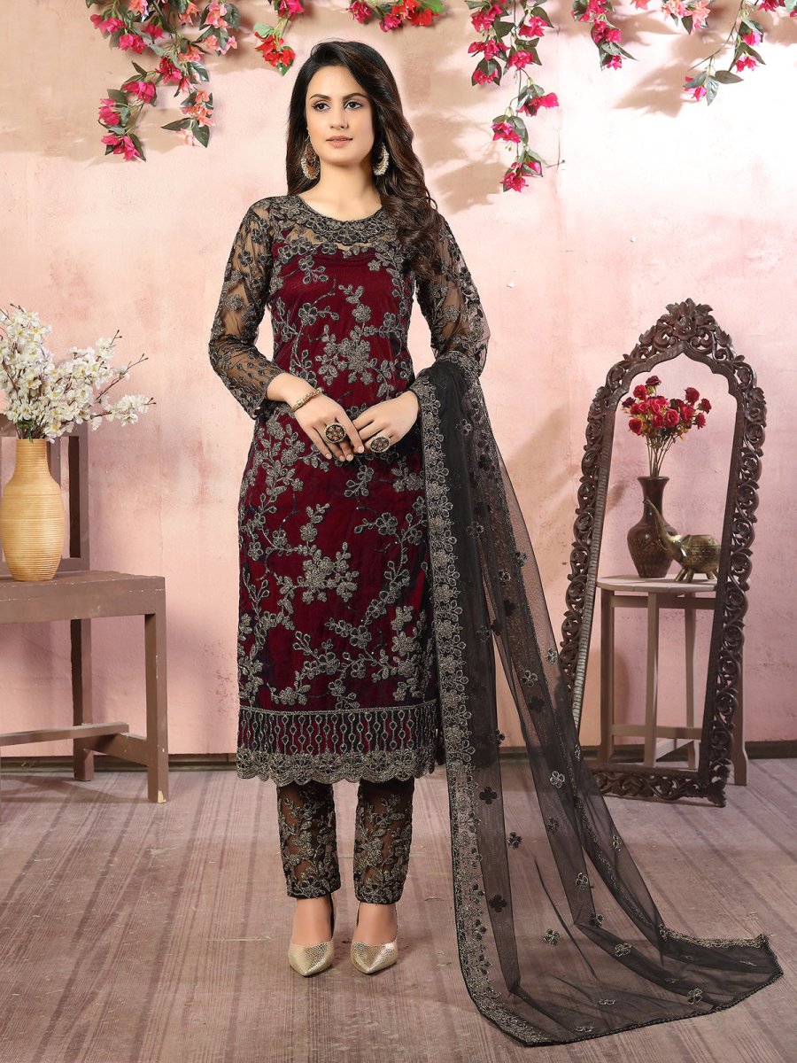 Maroon Embroidered Festive Wear Straight Cut Suit - Inddus.com
