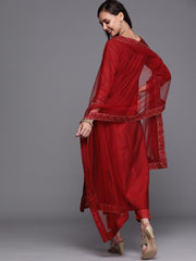 Maroon Embroidered Kurta with Trousers and Dupatta - Inddus.com