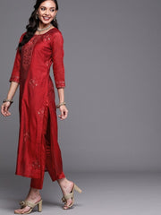 Maroon Embroidered Kurta with Trousers and Dupatta - Inddus.com