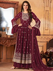 Maroon Embroidered Partywear Palazzo Suit - Inddus.com