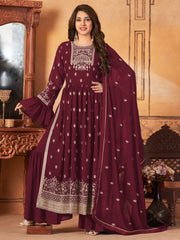 Maroon Embroidered Partywear Palazzo Suit - Inddus.com