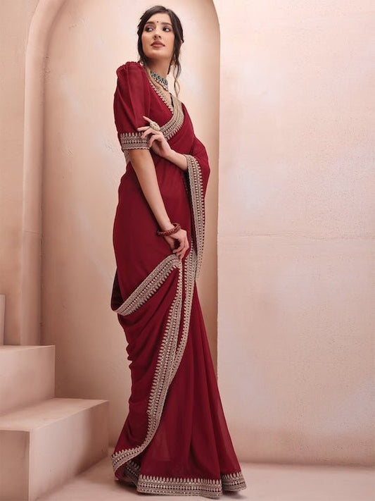 Maroon Embroidered Saree