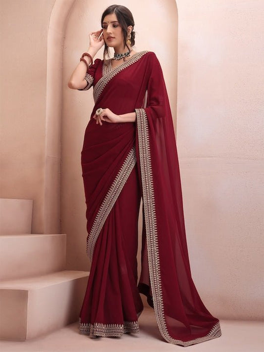 Maroon Embroidered Saree