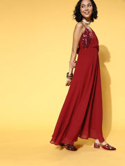 Maroon Embroidered Sequined One Shoulder Gown - Inddus.com
