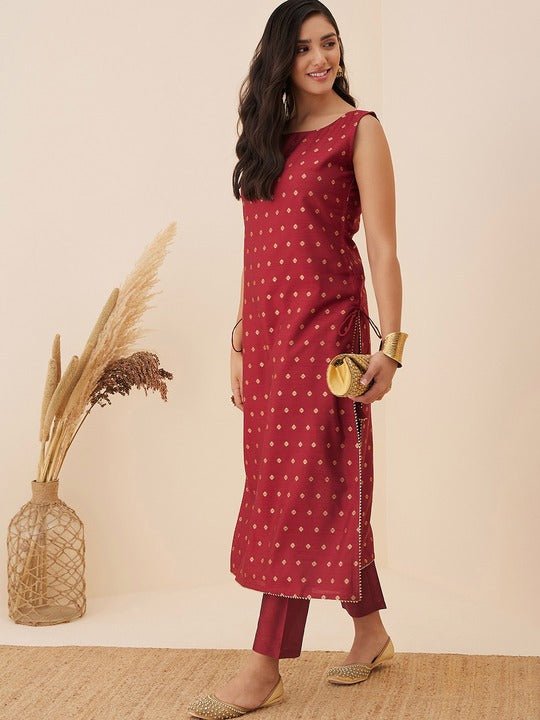 Maroon Ethnic Motif Woven Design Straight Kurta with Trousers - Inddus.com