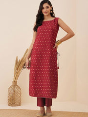 Maroon Ethnic Motif Woven Design Straight Kurta with Trousers - Inddus.com