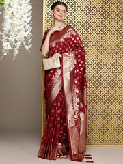 Maroon Ethnic Motifs Woven Design Zari Pure Silk Saree - Inddus.com