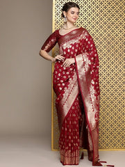 Maroon Ethnic Motifs Woven Design Zari Pure Silk Saree - Inddus.com