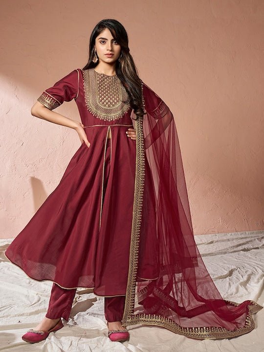 Maroon Ethnic Motifs Yoke Design Sequinned A-Line Kurta With Trousers & Dupatta - Inddus.com