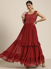 Maroon Fit and Flared Embroidered Yoked Gown - Inddus.com