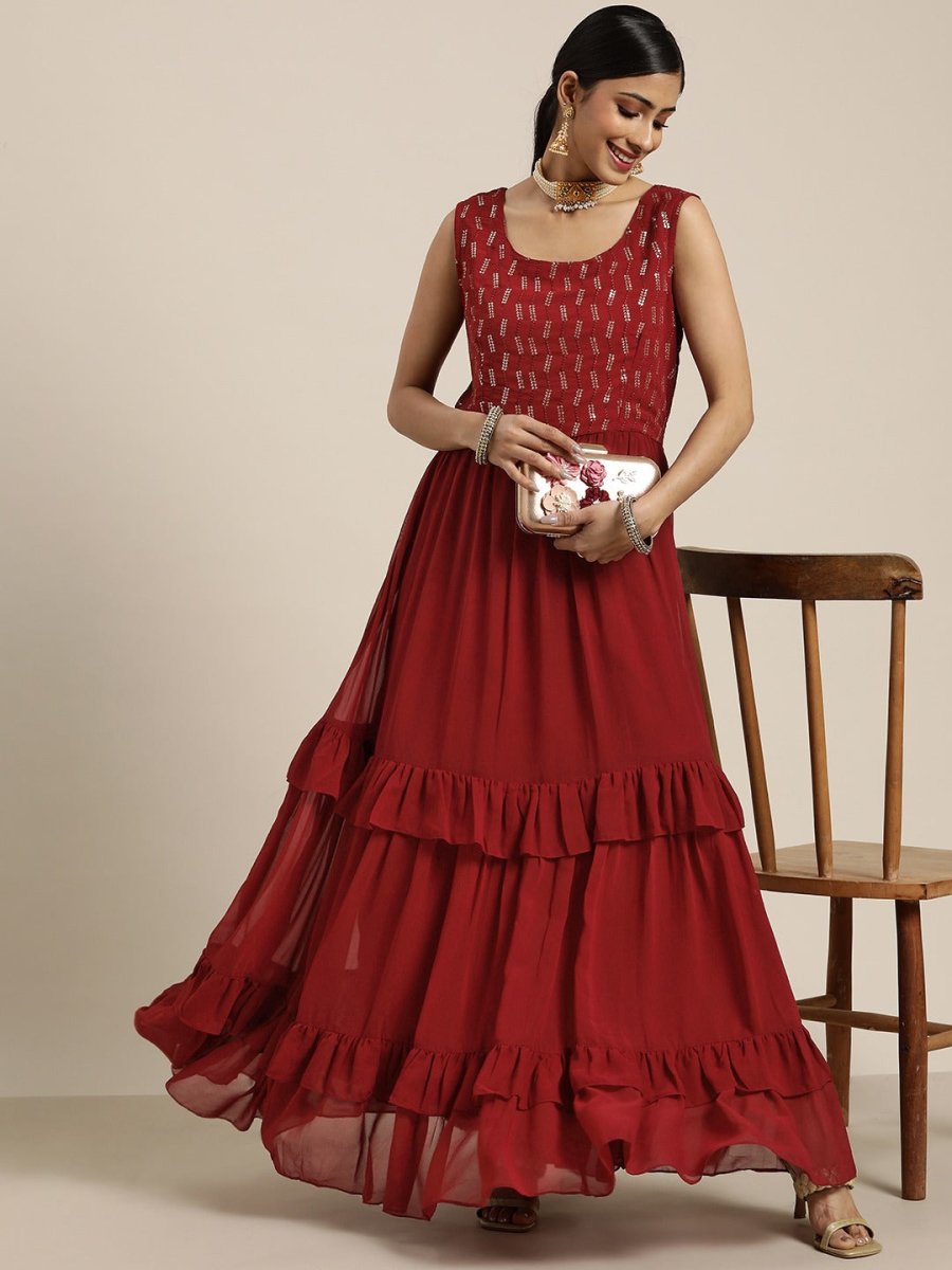 Maroon Fit and Flared Embroidered Yoked Gown - Inddus.com