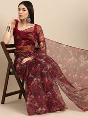 Maroon Floral Digital Print Organza Saree - Inddus.com