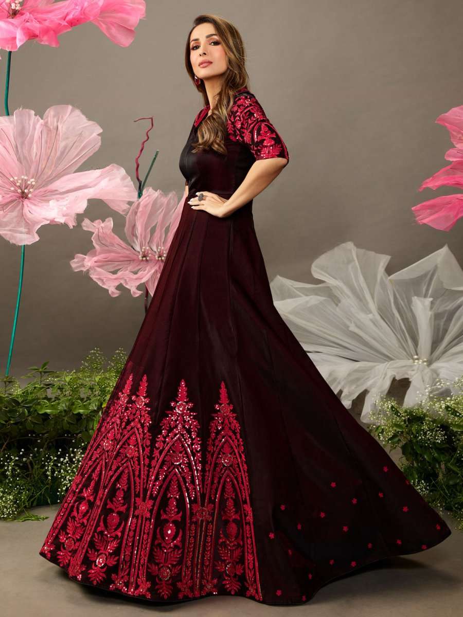 Malaika Arora Maroon Floral Embroidered Fit and Flare Dress Malaika Arora Maroon Floral Embroidered Fit and Flare Dress