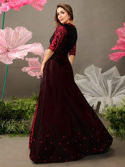 Maroon Floral Embroidered Fit and Flare Dress - Inddus.com
