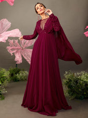 Maroon Floral Embroidered Gown with Draped Dupatta - Inddus.com