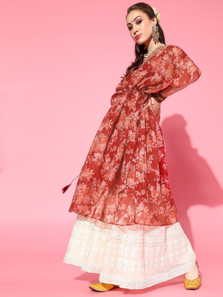 Maroon Floral Print Kaftan Kurta - inddus-us
