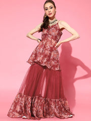 Maroon Floral Printed Kurta with Sharara - inddus-us