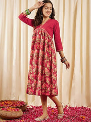 Maroon Floral Printed V-Neck Gathered Detailed Pure Cotton Empire Midi Ethnic Dress - Inddus.com