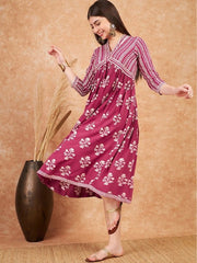 Maroon Floral Printed V-Neck Gathered Empire Ethnic Dress - Inddus.com