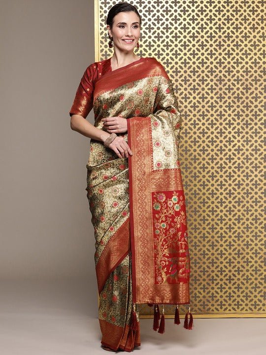 Maroon Floral Zari Silk Blend Banarasi Saree - Inddus.com