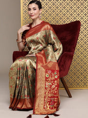 Maroon Floral Zari Silk Blend Banarasi Saree - Inddus.com