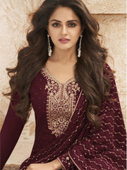 Maroon Georgette Embroidered Straight Cut Suit - inddus-us