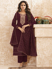 Maroon Georgette Embroidered Straight Cut Suit - inddus-us